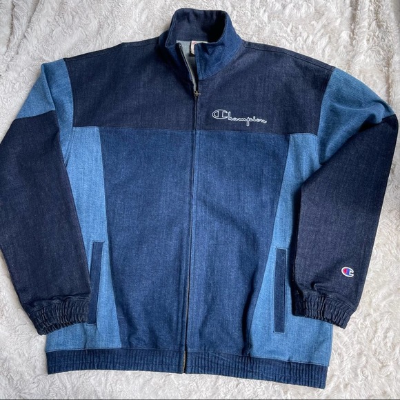 Champion Other - Champion patchwork denim jean full zip paneled blue jacket coat mens large L
